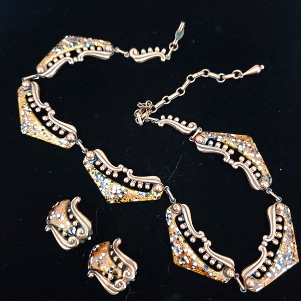 Vintage Matisse Copper and Speckled Enamel Set Embellished 1950's 60's Feminine